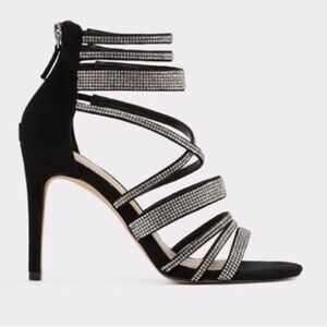 Aldo Haondra Black Suede Rhinestone Strappy Heels Sz 8.5